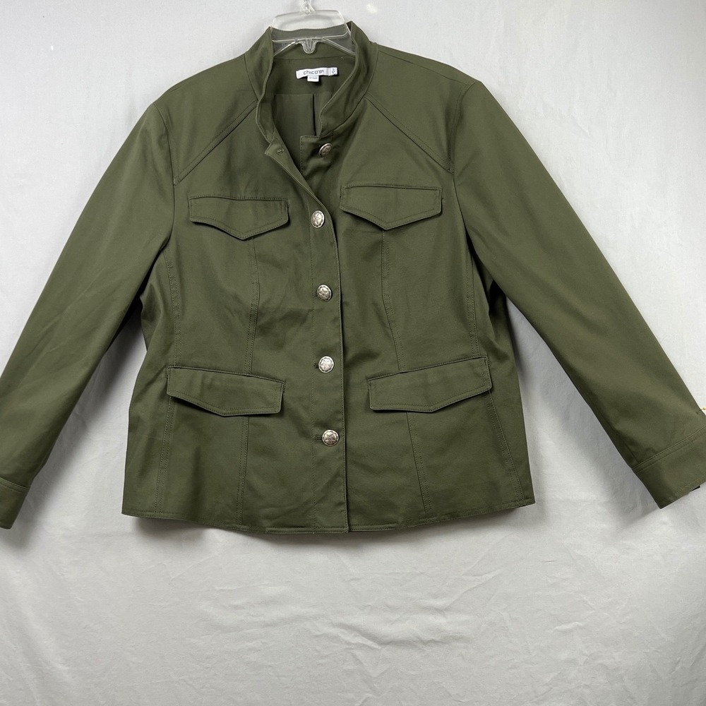 Chico's 3 Military Utility Jacket Womens 16 Olive Green Cotton Blend Button
